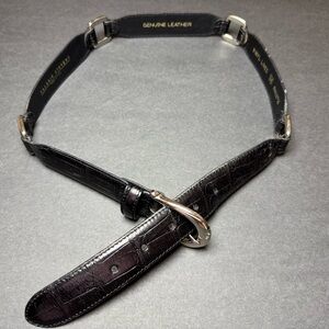 Valerie Stevens Black Leather Croc Embossed Belt Silver Buckle Vintage Med